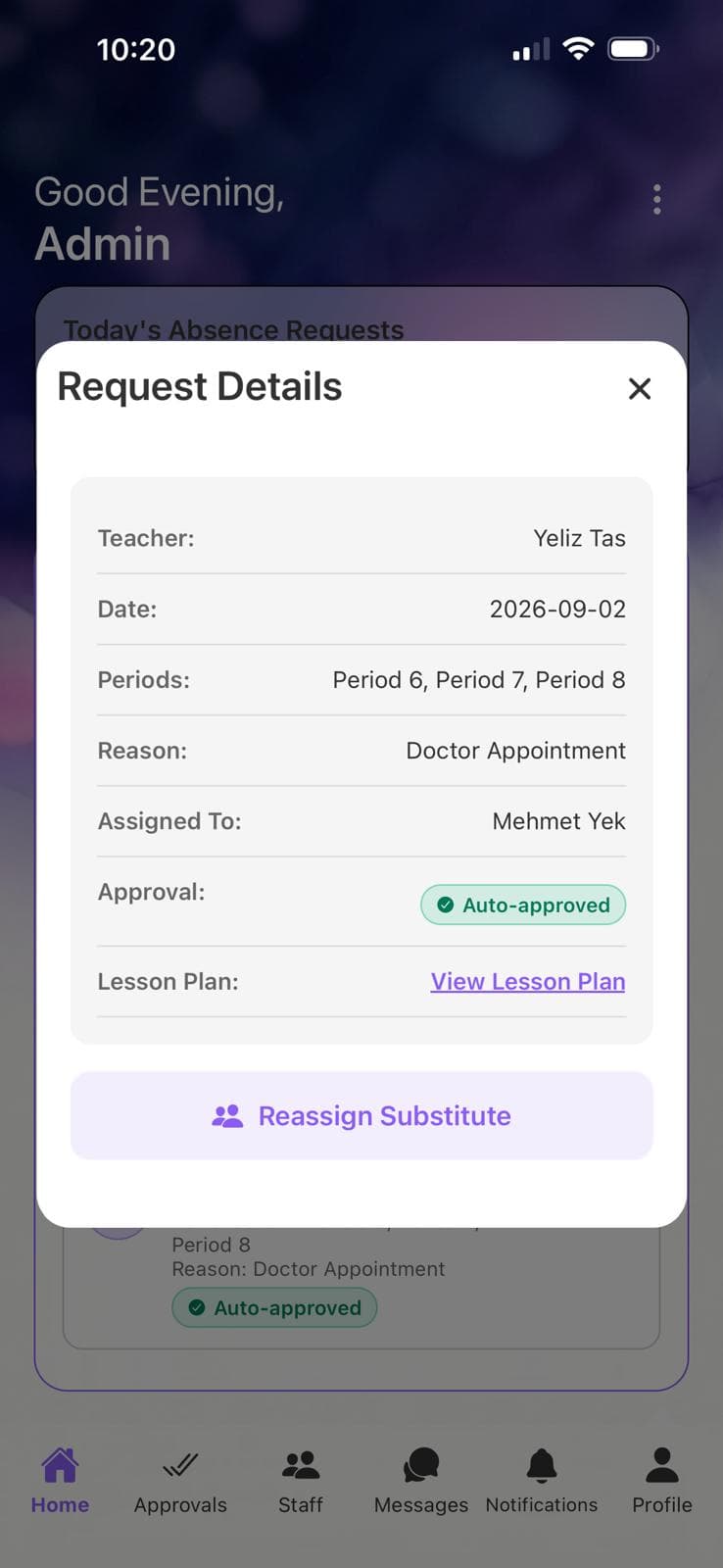 Admin approval detail for a coverage request, with an auto-approved badge