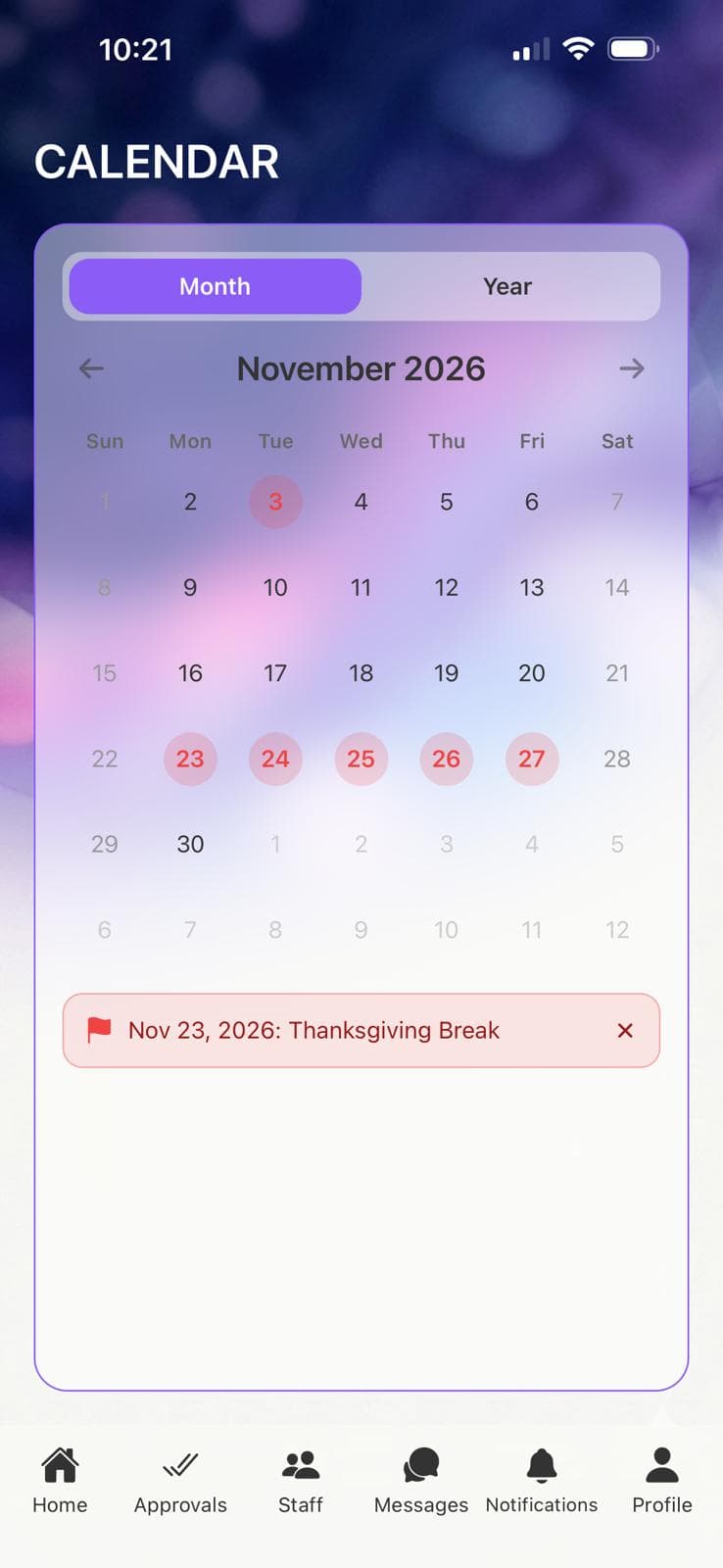 Calendar view with a holiday tapped open
