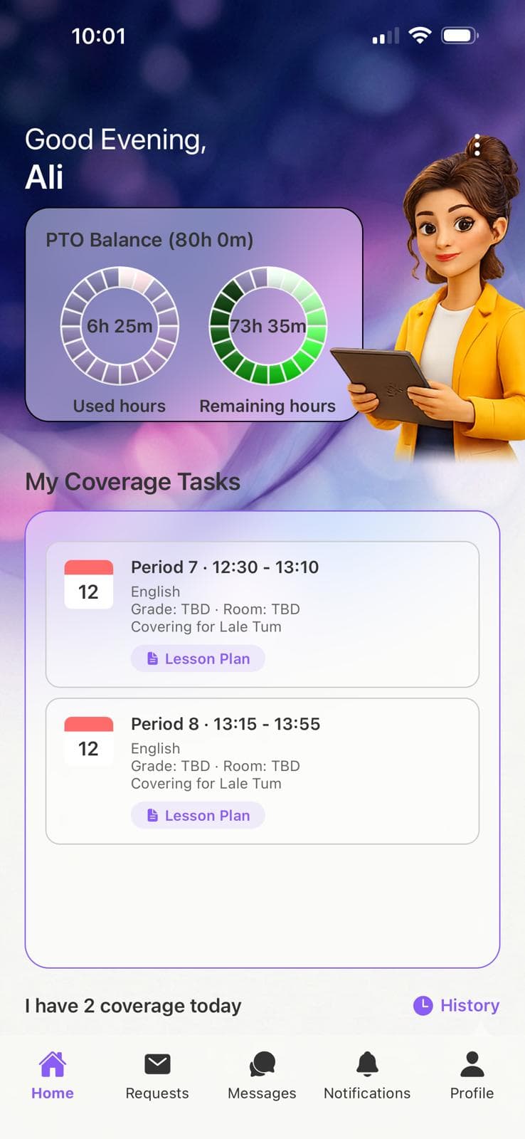 Teacher home screen showing PTO balance and today's coverage tasks